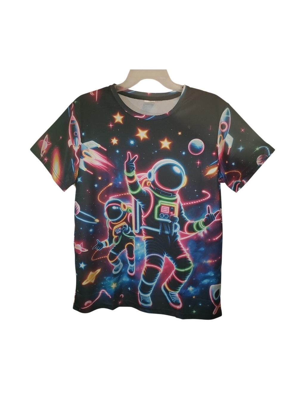 Neon med space astronaut graphic t-shirt, featuring a vibrant, multicolored 3D.